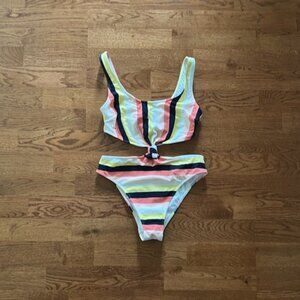 Abercrombie Yellow Coral White Black Stripe Cutout One Piece Knot XS Swimsuit